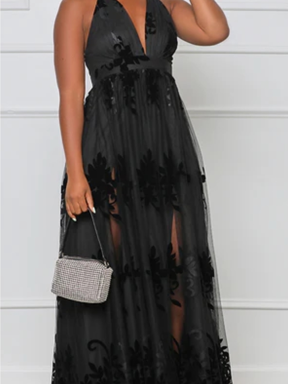 Black V-Neck Sheer Floral Maxi Dress